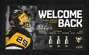Framed photo of Marc-Andre Fleury in Pittsburgh Penguins gear, with 'Welcome Back' text and player's signature, featuring sports logos and date.