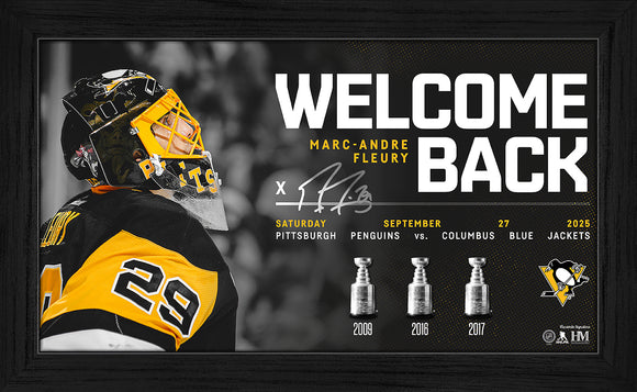 Framed photo of Marc-Andre Fleury in Pittsburgh Penguins gear, with 'Welcome Back' text and player's signature, featuring sports logos and date.