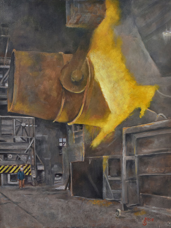 Factory scene with yellow flames and molten iron being poured from industrial steel mill equipment