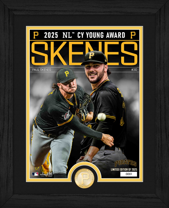 Framed sports collectible featuring Pittsburgh Pirates baseball player Paul Skenes with text about the 2025 National League Cy Young Award.