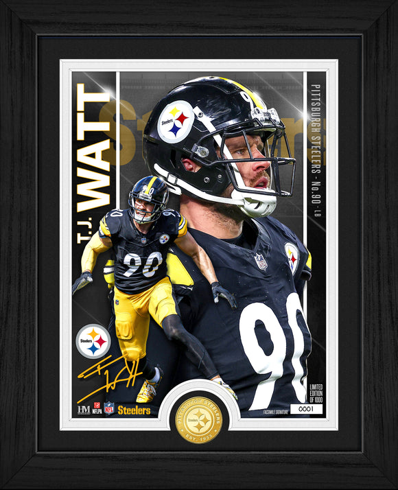 A photo mint with photos of T.J. Watt of the Pittsburgh Steelers, with the Steelers logo, his replica signature and a bronze Steelers coin.