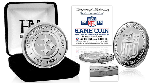Silver Steelers NFL game coin with packaging and certificate of authenticity on a white background