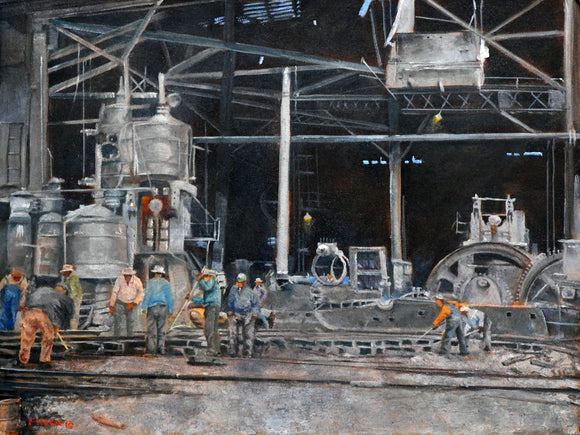 This art print by local artist Fritz Keck features steelworkers reconditioning the 12,000 ton press at Homestead Steel Works in approximately 1944.