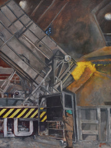 Industrial steel mill scene with a person in a hard hat and reflective jacket, surrounded by large machinery and equipment.