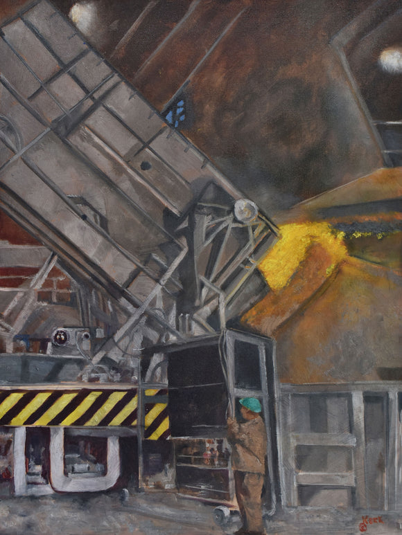 Industrial steel mill scene with a person in a hard hat and reflective jacket, surrounded by large machinery and equipment.