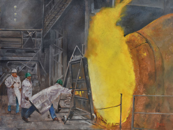 Artistic depiction of workers in an industrial steel mill setting with flames coming from a furnace.